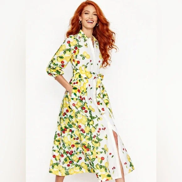 Boden Clara Linen Blend Shirtdress Lemon Cherry Fruit Print NWT Rare US10 UK14 - Picture 1 of 11